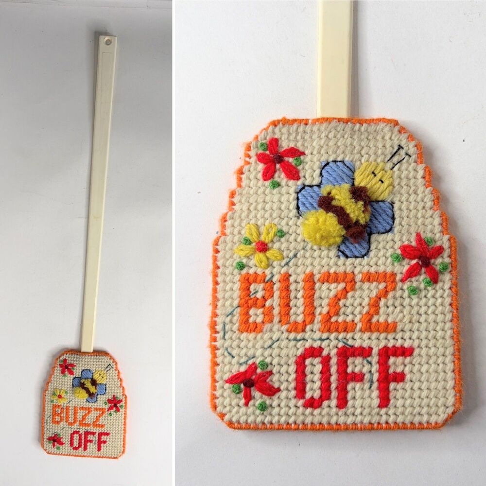 Vintage Fly Swatter Buzz Off Needlepoint Cottagecore Cozy Long Plastic Canvas